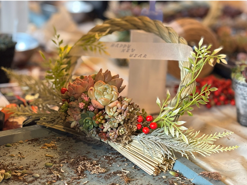 本店「多肉しめ縄リース」ワークショップレポート