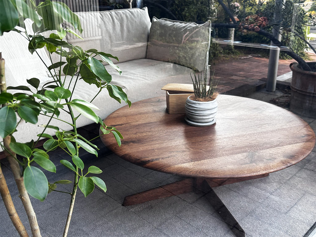 STECCATOコーヒーサークルテーブルウォールナットにサンセベリア